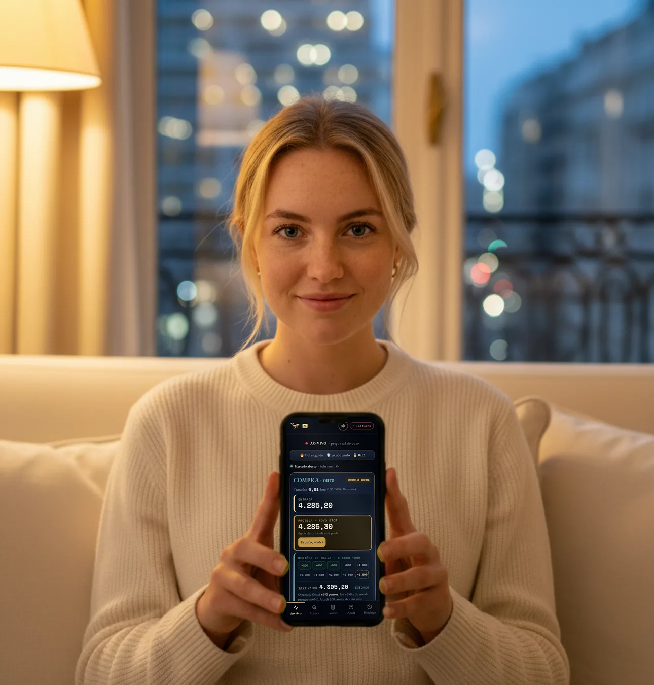 Mulher mostrando o app da Lia no celular, com uma operação de compra no ouro na tela